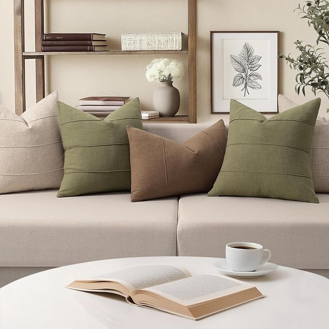 Decorative Linen Throw Pillow Covers 20x20 Set of 2 Solid handcrafted Striped Cushion Covers for Bed Soft Modern Farmhouse Neutral Pillowcase for Couch Bedroom Living Room Home Decor(Olive Green)
