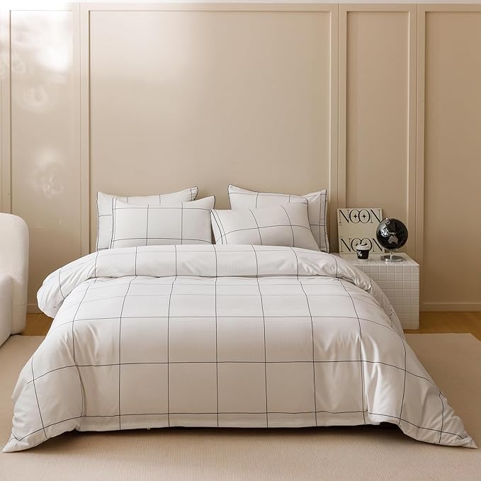 KAREVER White Grid Comforter King Women Black Square Lines Checkered Bedding Set White Plaid Comforter King Size