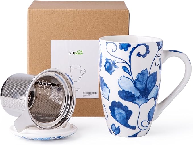 GBHOME Tea Mug with Infuser and Lid, 18 Ounce Large Ceramic Loose Leaf Cup, Microwave, Dishwasher Safe, Perfect for Tea Lovers