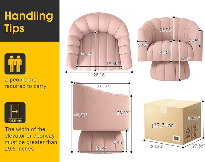 Mid Century 360 Degree Swivel Cuddle Barrel Accent Sofa Chairs, Round Armchairs with Wide Upholstered, Fluffy Velvet Fabric Chair for Living Room, Bedroom, Office, Waiting Rooms, (Pink)