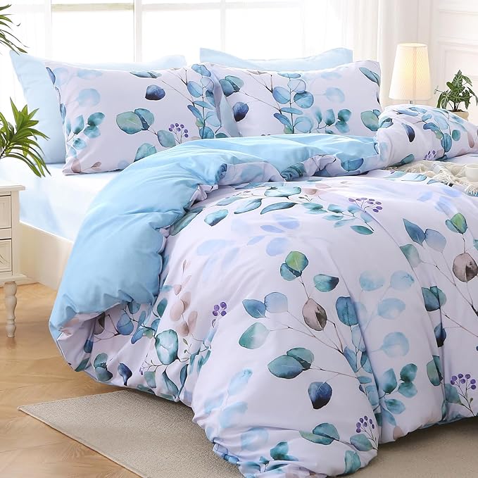 MUXHOMO Full Comforter Set, Blue Elegant Floral Print Bed in a Bag 7 Pieces, Ultra Soft & Breathable Reversible Botanical Pattern Bedding Set with Comforter, Sheets, Pillowcases, and Shams
