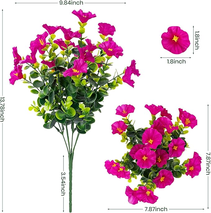 Artificial Faux Flowers for Outdoor 16 Bundles Boxwood Fake Morning Glory for Planter,UV Resistant Fake Flowers for Home Porch Patio Outside（Magenta）
