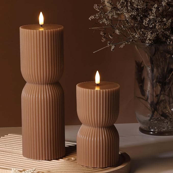 Brown Ribbed Flameless Pillar Candles with Remote, Real Wax Flickering Fall Battery LED Candles Set of 2