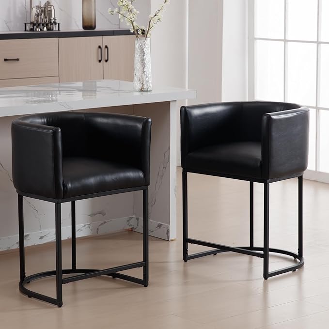 Modern Counter Height PU Leather Upholstered Bar Stools Set of 3, 24" Kitchen Counter Island Stools Bar Chairs with Black Metal Frame, Black