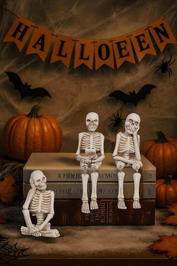 3 Pieces Halloween Skeleton Statue Realistic Halloween Skull Figurine Home Decor Funny Sitting Skeleton Collectible Figurines Decoration for Indoor Living Room Office Table Shelf Bookshelf
