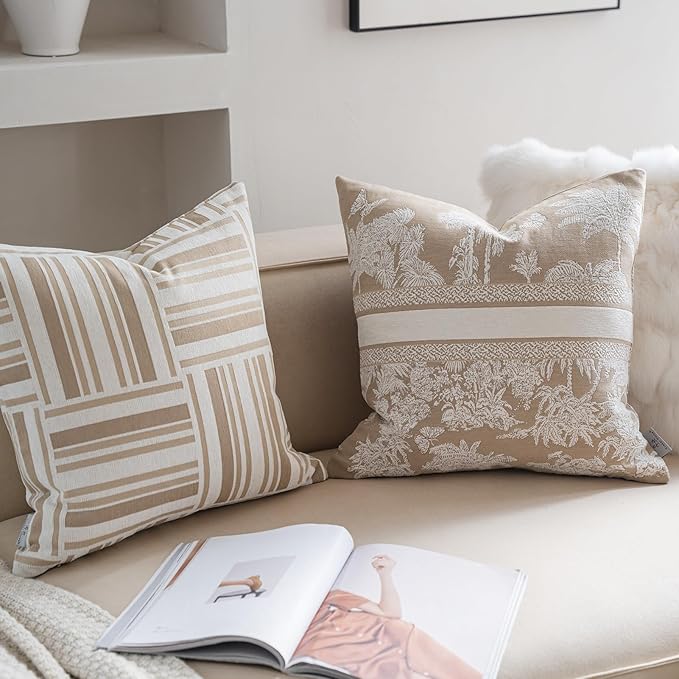 Premium Throw Pillow Covers 22x22 Inches - Oatmeal Jungle with White Palm Tree Chenille Jacquard Embroidery Decorative Couch Pillow Covers for Living Room Bedroom Sofa