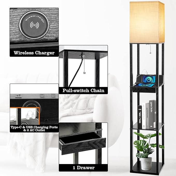 Floor Lamp with Shelves, RUNTOP LED Shelf Floor Lamp with Wireless Charger & 2 Charging USB Ports & Drawer, AC Outlet, 3 Color Temperature Tall Standing Lamp with Bulb for Living Room, Bedroom, Office