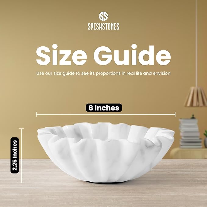 Marble Ruffle Bowl 6 Inch Handmade White Small Decorative Bowl for Modern Home Decor - Scalloped & Fluted Key Bowls for Entryway Tables & Coffee Table Decor