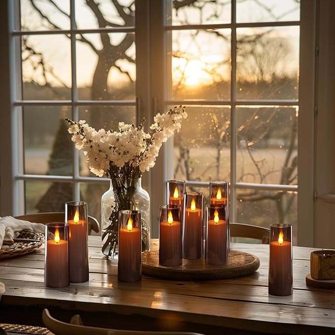 Amagic Grey Flameless Candles 9 Set, Battery Operated Candles with Remote Control and Timer, Flickering LED Pillar Candles for Home Halloween Decor, 3D Wick, Warm Yellow Light, D2.2 xH5 6" 7"