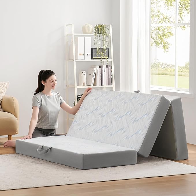 Foldable Mattress Full 3 inch -Portable White Memory Foam Folding Matress with Washable Cover for Camping Travel Guest Room Home Use-Non-Slip&Easy Storage