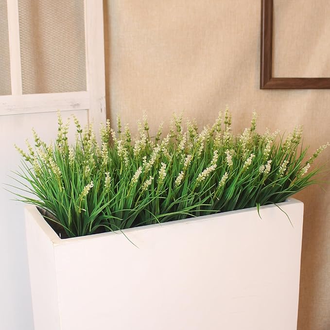 Outdoor Artificial Plants 12 Bundles White Wild Flowers Look Real Fake Flower for Outdoors Spring Summer for Outside Window Box Planter Garden Decor (12 Bundles White Monkey Grasses)