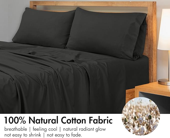 Royale Linens 300 Thread Count 100% Long Staple Combed Cotton Flat Sheet - Super Soft - Top Sheets - Full Flat Sheet Sold Separately - Breathable, Cool & Crisp Percale Sheets Only (Twin XL, Black)