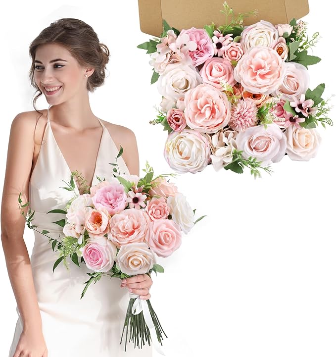 AmyHomie Blush Pink Artificial Flowers Combo Silk Rose Fake Flowers w/Stem for DIY Wedding Bouquets Centerpieces Arrangements Table Fall Decor Party Bridal Baby Shower Home Decorations