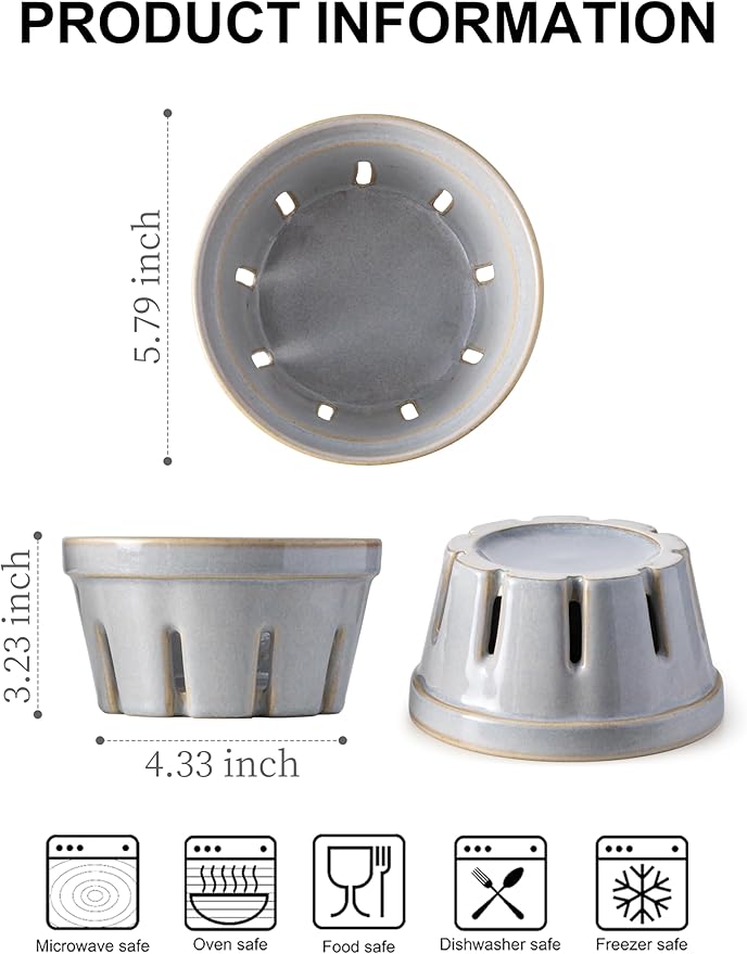 Gomakren Fruit Bowl with Holes, Ceramic Berry Basket Set of 2, 5.8 Inch Round Fruit Storage Containers for Kitchen, Farmhouse Strawberry Basket for Berries, Grape, Cherry, Gray