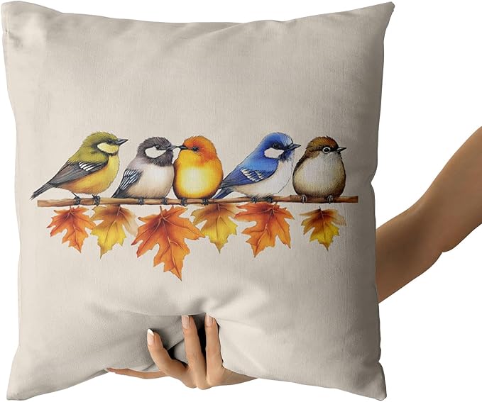 Giwawa Colorful Fall Birds Pillow Covers Pack of 2 16x16 Inch Autumn Thanksgiving Maple Leaf Branch Decorative Throw Pillow Cases Cotton Soft Cushion Covers for Sofa Couch Season Patio Car