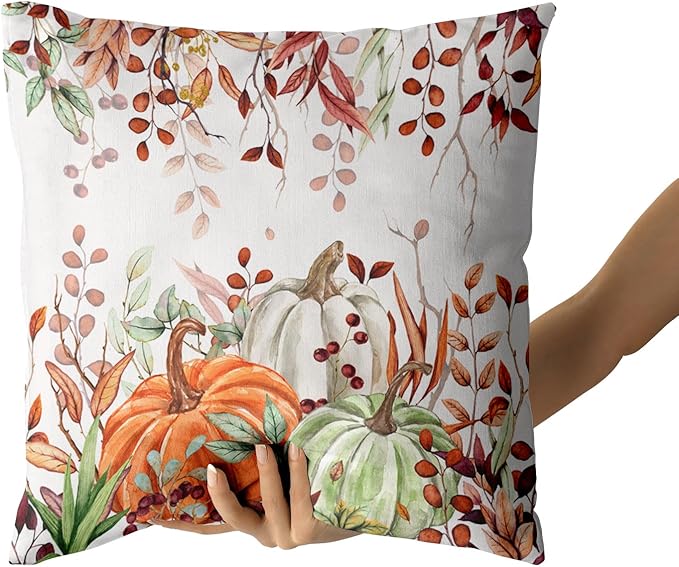 Giwawa Fall Pillow Covers Set of 2 20x20 Inch Orange Green Pumpkins Autumn Leaves Thanksgiving Cushion Covers Farmhouse Decorative Double Sided Throw Pillowcases for Indoor Outdoor Holiday