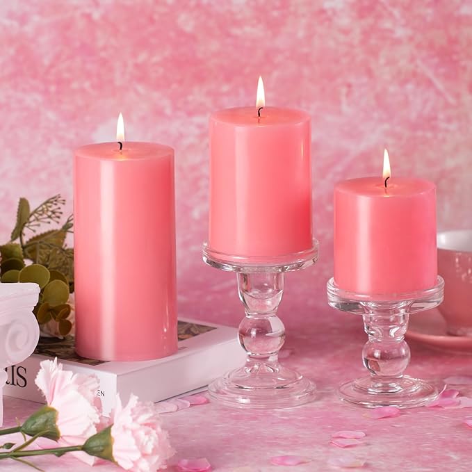 KONNI Pink Pillar Candles Set of 3, 3"x 3" Unscented Pillar Candles Bulk, 30 Hours Long Burning Candles, Smokeless&Dripless Large Round Candle for Wedding, Home Decoration, Parties, Spas, Dinner