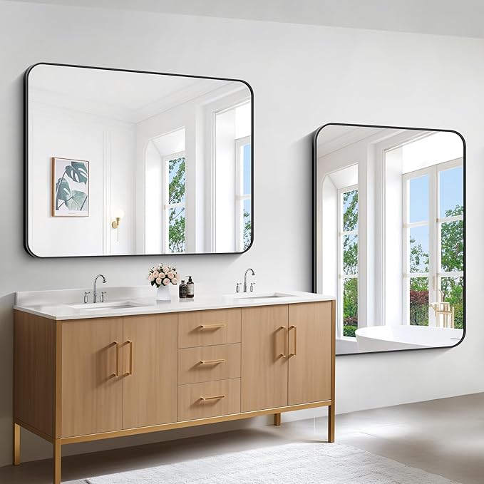 Bathroom Mirror, 48x36 inch Black Rectangle Wall Mirror, Metal Frame Rounded Corner Vanity Mirror, Large Wall Mounted Mirror for Over Sink Bedroom Living Room Horizontal Or Vertical Mounting