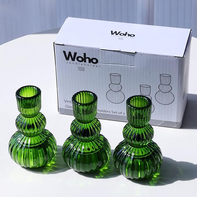 Woho Green Taper Candle Holders Set of 3 for Christmas Decorations, 4.3" H Ribbed Glass Candlestick Holders for Spring Wedding Table, Vintage Candle Sticks Holder Decor Home Decor