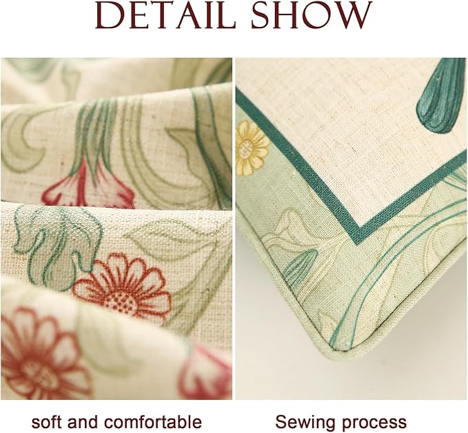 patdrea Designer Pack of 2 Rectangle Throw Pillow Covers,French Vintage Rustic Linen with Green Floral Pattern Pillows Cover,Decorative Lumbar Pillowcases Cushion for Bed Living Room,12"x20"