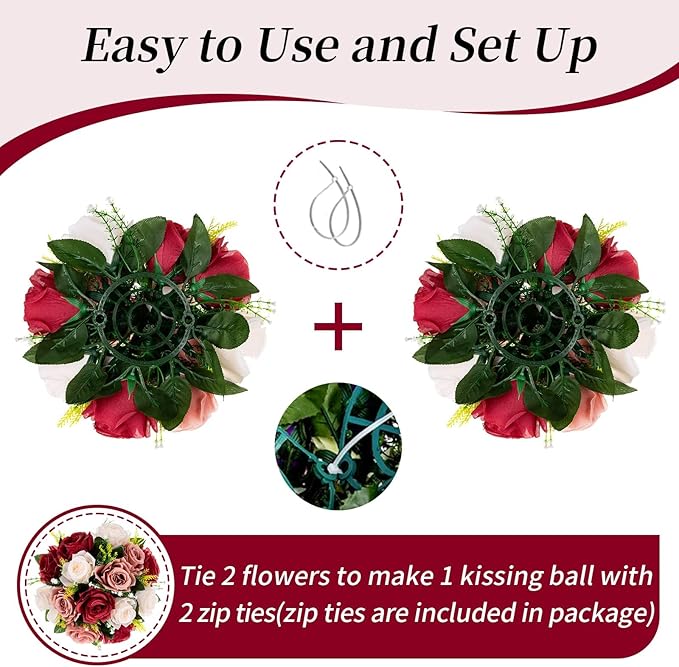 BLOSMON Flower Centerpieces Decoration for Table: 2 Pcs Burgundy & Dusty Rose & Creamy White Fake Roses Kissing Flower for Wedding - Artificial Silk Floral Arrangements Home Party DIY Decoration
