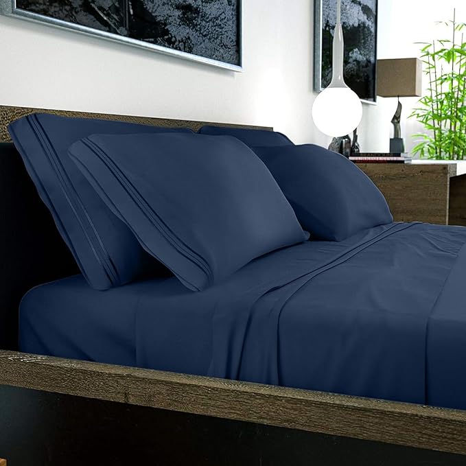 DREAMCARE Sheets Full Size Bed - Cooling Bed Sheets - 6pcs Set - Full Sheet Set - Full Size Sheets - Full Size Sheet Sets Soft & Long Lasting 100% Fine Brushed Polyester with Side Pocket - Navy Blue