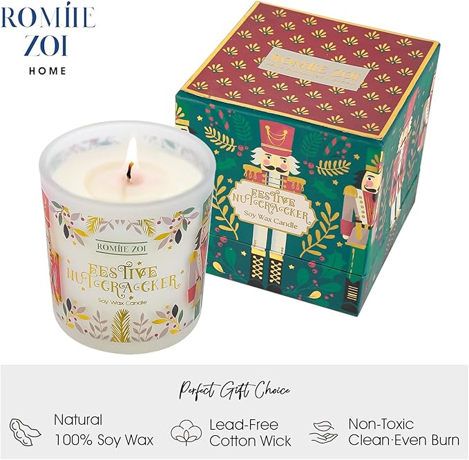 ROMIIE ZOI Christmas Scented Candle - 6oz Soy Wax Candle, Nutcracker Winter Candle for Home Decor, Infused with Sugar Plum Aroma-Forest Green Gift Box Packaged for Christmas Holiday Season Gift