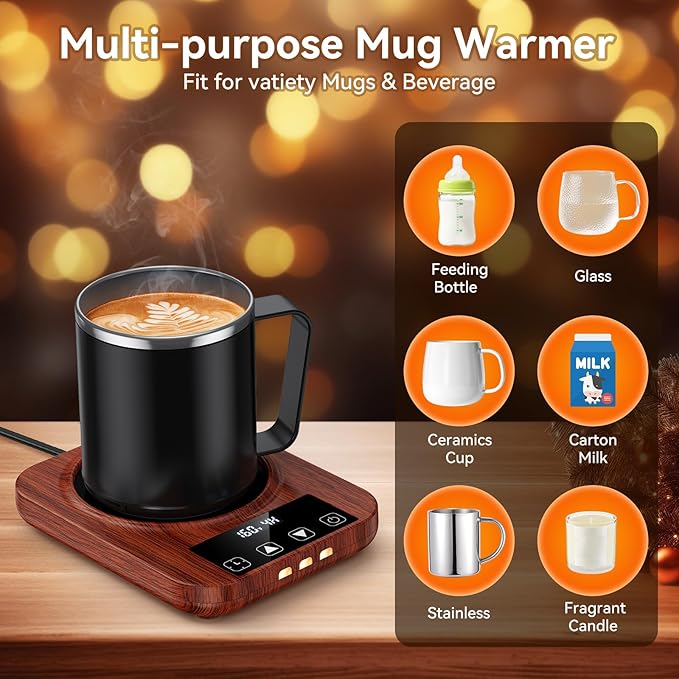 Coffee Mug Warmer & Mug Set for Desk, 36W Electric Coffee Cup Warmer with 16oz Cup, 9 Temp Settings Auto Shut Off Heated Mug Plate for Home Office Desk Accessories, Gifts for Women Men, Wood