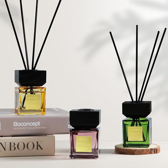 Reed Diffuser Set of 3, White Birch Cedar & Oud Bergamot & Green Tea Tree Essential Oil, 15 Diffuser Sticks, Hotel Collection Bathroom Air Fresheners, 50ml Home Fragrance for Room Decor