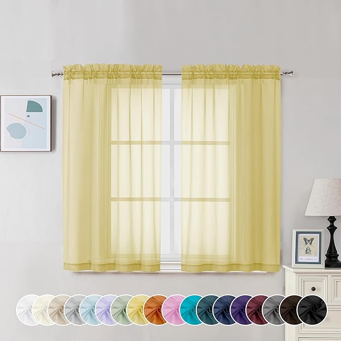 Chyhomenyc Yellow Sheer Curtains 45 Inch Long 2 Panels, Light Filtering Rod Pocket Voile Short Curtains Drapes for Living Room Bedroom Small Windows, 42Wx45L Inches