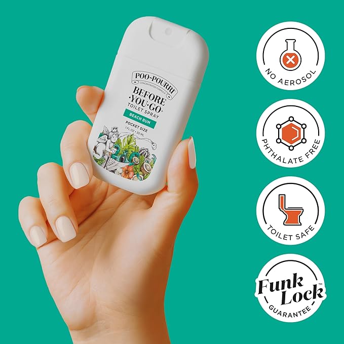 Poo-Pourri Before-You-Go Pocket Toilet Spray, Travel Essentials, Beach Bum, 1 Fl Oz, Up to 50 Uses, On-The-Go Bathroom Odor Deodorizer with Essential Oils, TSA Approved Size, Coconut Orchid Scent