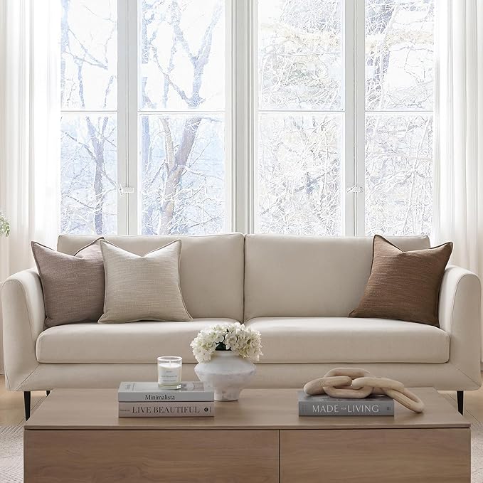 Meekio Set of 4 Linen Beige Pillow Covers 18x18, Linen Look Throw Pillow Covers with Flange Edge for Sofa Couch Living Décor