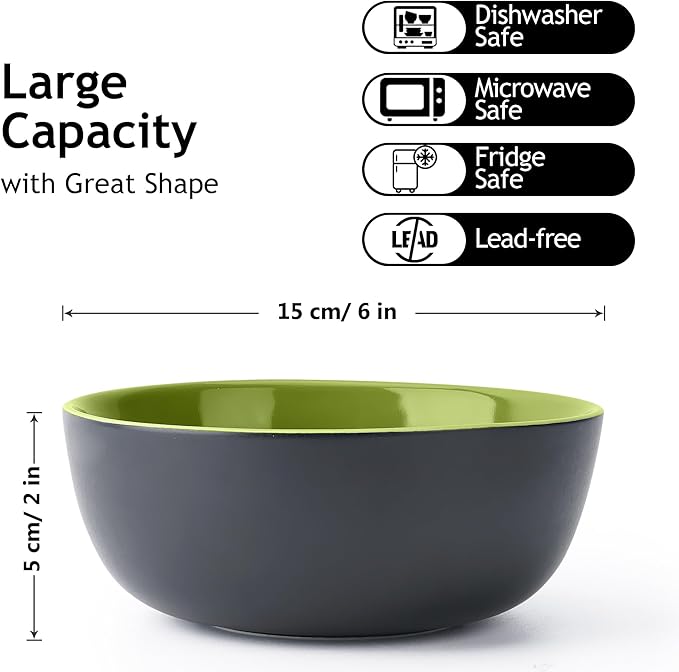 MIAMIO - 6 x 20.2 oz Stoneware Bowl Set Outside Black Inside Colourful - Le Papillon Collection (Green)