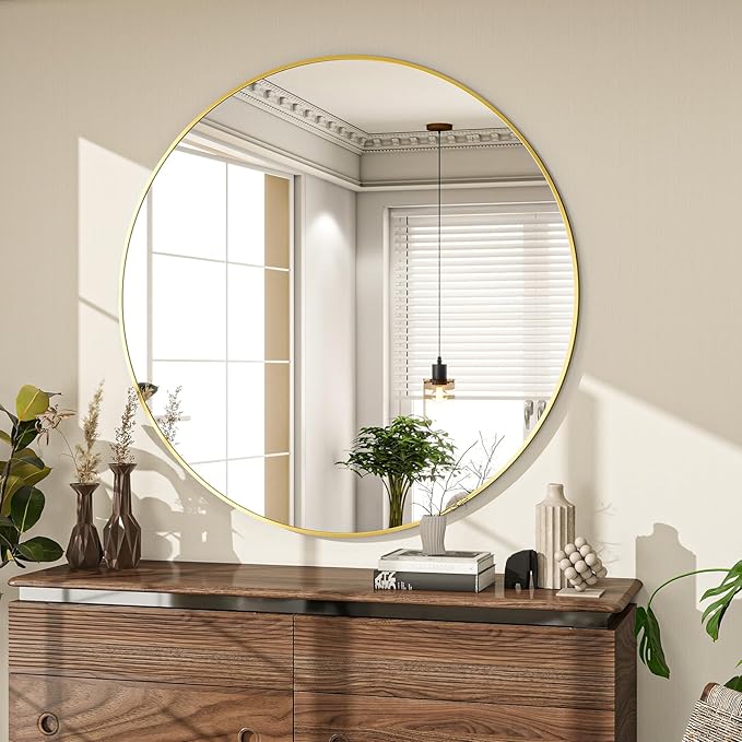 Round Mirror Wall Mounted Mirror - 32" Circle Mirror Bathroom Vanity Mirror with Aluminum Frame for Bedroom Living Room, Entryway Decor Gold Mirror