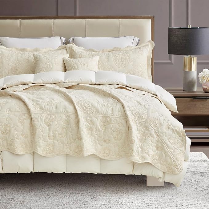 HZ & HY Oversized King Bedspread 128x120 Extra Wide, Quilted Coverlet Bedding Set, Lightweight Thin Comforter, Reversible, Luxurious, 5 Piece, 100% Microfiber, Ivory Yellow