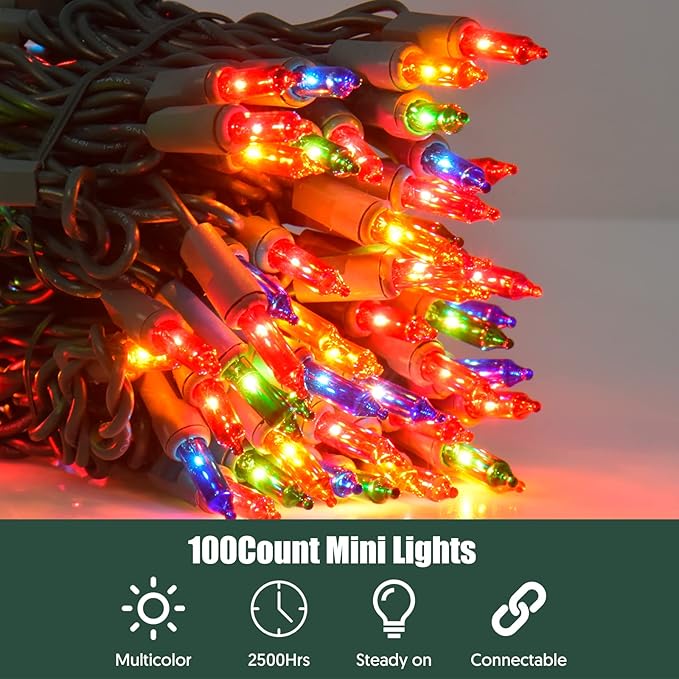 Christmas Lights Multicolor 100 Count Incandescent Light UL Certified Connectable Christmas Tree Lights with Green Wires for Indoor Outdoor Xmas, Wedding, Holiday, Party, Home Decorations
