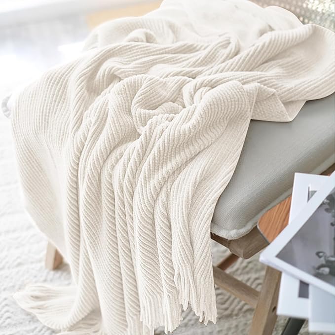 inhand Throw Blanket for Couch Bed,Chunky Chenille Woven Soft Blankets with Tassels, Cozy Boho Farmhouse Fall Winter Decor,Warm for Women,60"x80",Medium Thick-Off White
