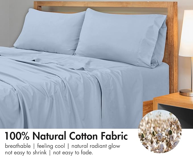 Royale Linens 300 Thread Count 100% Long Staple Combed Cotton Flat Sheet - Super Soft - Top Sheets - Twin Flat Sheet Sold Separately - Breathable, Cool & Crisp Percale Sheets Only (Twin, Lake Blue)