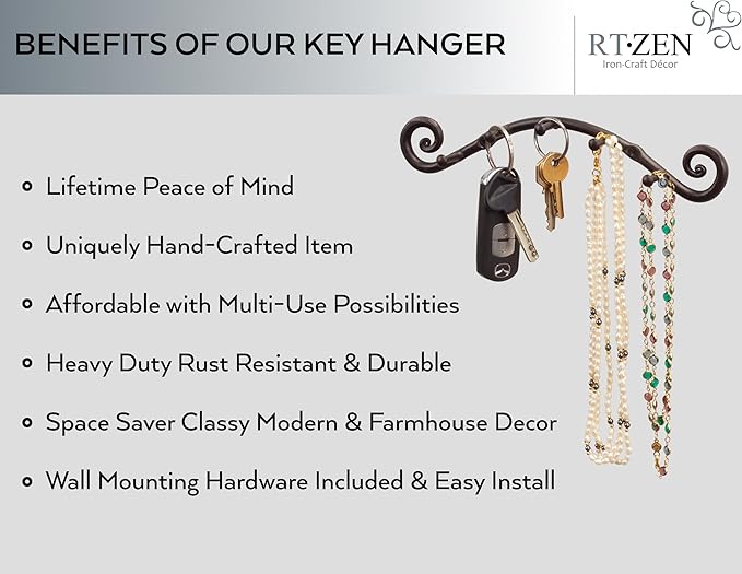 RTZEN Farmhouse Small Key Holder for Wall - Handcrafted Swirl Decorative 5 Key Hooks for Home Entryway - Wrought Iron Wall Mount Rack Purse Coat and Leash Holder or Organizer (Swirly Black)