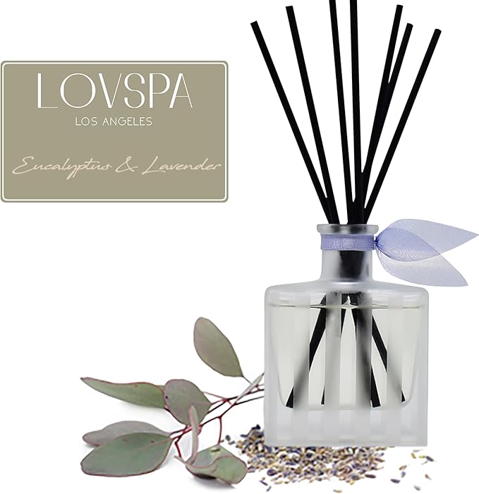 LOVSPA Reed Diffuser Set, DE-Stress Lavender Eucalyptus Scented Oil Diffuser with Sticks, Home Fragrance Accessories for Bathroom Shelf Decor, Aroma Diffusers for Home or Office Desk, USA Made