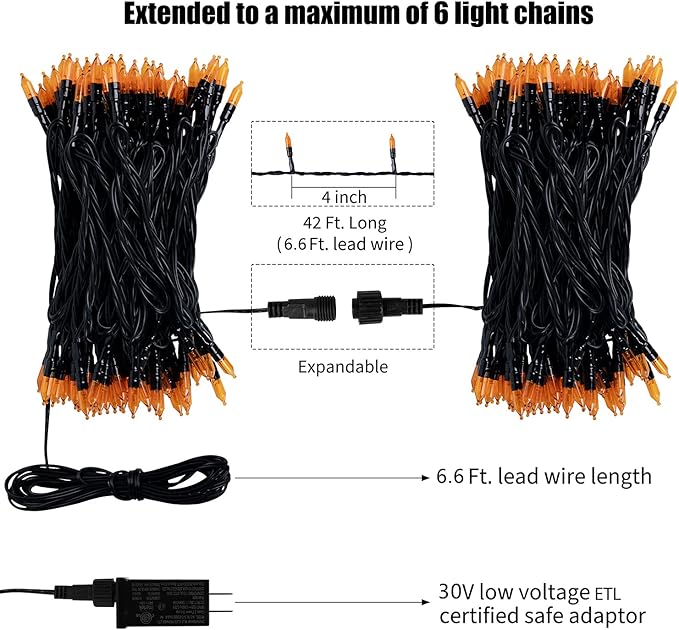 Orange LED Outdoor Halloween Lights, Halloween Decorations, 39 FT 100 LED Mini Lights with 8 Lighting Modes,Connectable String Light Plug in for Garden Patio Party Haunted House Ghost Holiday Decor