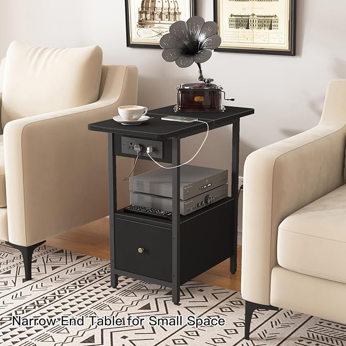 LIDYUK End Table with Charging Station, Narrow Side Table with Drawer and USB Ports & Power Outlets, Nightstand Bedside Tables for Small Spaces, Bedroom, Living Room, Black, Set of 2