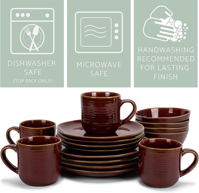 Elanze Designs Reactive Glaze Farmhouse Rustic Boho Ceramic Stoneware Dinnerware 16 Piece Plate Bowl Mug Dish Set - Service for 4, Burnt Auburn Red