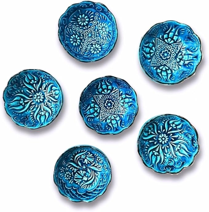 Handmade Decorative Turkish Ceramic Bowl Set of 6, Blue Pinch Bowls for Dipping&Serving - Small Versatile and Unique Charcuterie Accessories, Mini Sauce Dish, Floral Pattern Snack Bowls