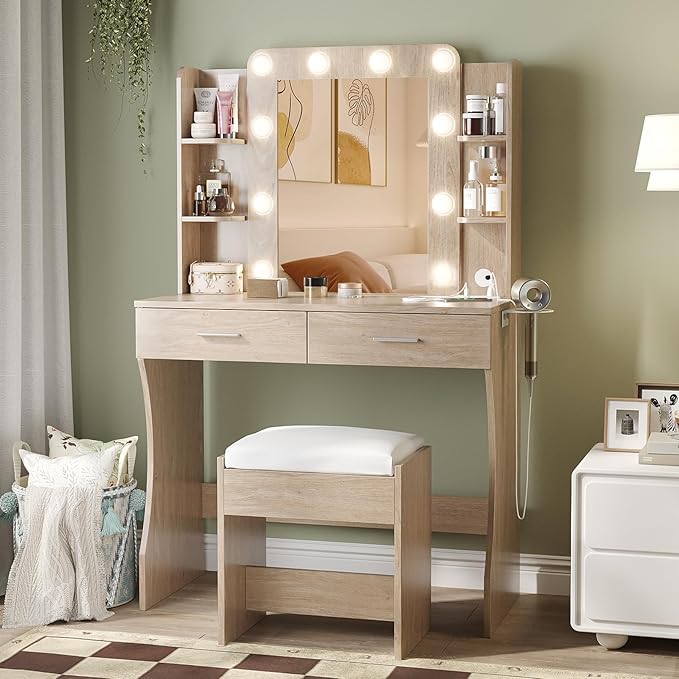 Vabches Vanity Desk with Mirror and Lights,Makeup Vanity Table with Charging Station,2 Drawer Bedroom Dressing Table with 3 Colors Modes Dimming & Cushioned Stool,Natural Oak