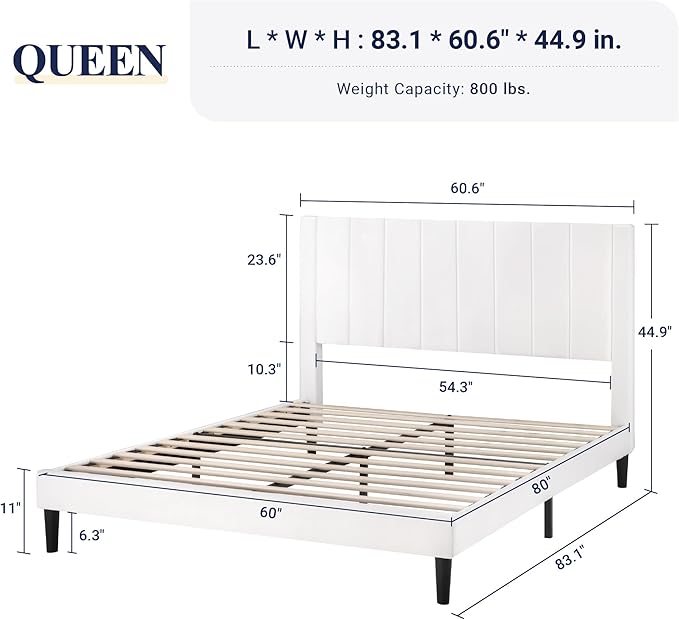 Allewie Queen Bed Frame/Velvet Upholstered Bed Frame with Vertical Channel Tufted Headboard/Strong Wooden Slats/Platform Bed Frame/Mattress Foundation/Box Spring Optional/Easy Assembly/White