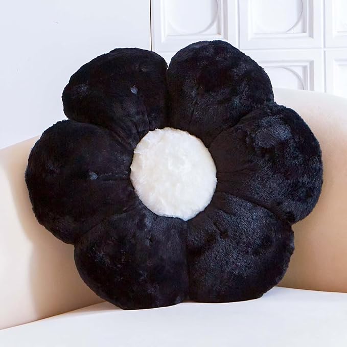 Flower Pillow, Cute Flower Shaped Decorative Pillow, Soft Rabbit Fur Daisy Pillow Home Decor Floor Seating Cushion for Bedroom Living Room (Black 19.6 Inch)