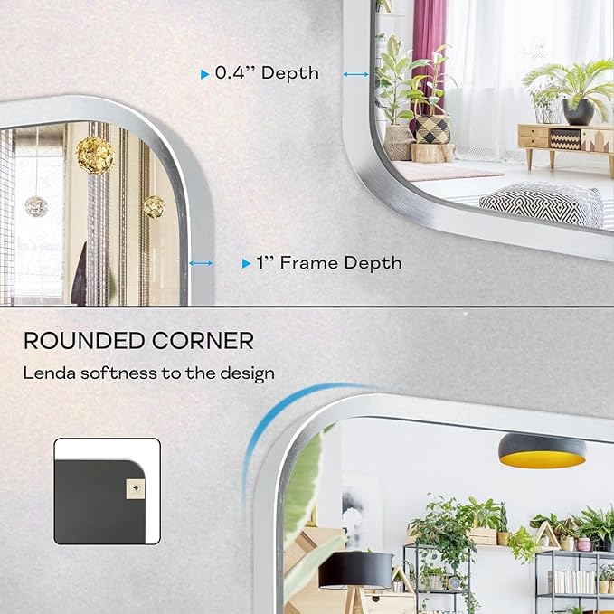 Wall Mount Mirror for Bathroom, Brush Silver Metal Framed Rounded Corner Rectangular Vanity Mirror (16" x 20", Silver)