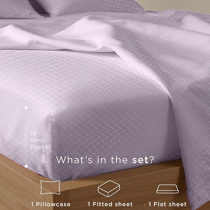 Threadmill Cotton Twin Sheet Set | 100% Cotton Sheets for Twin Size Bed | Damask Jacquard Sateen Twin Bed Sheets Set with 16” Deep Pocket | Soft Breathable 3-Piece Cooling Sheet Set | Lilac