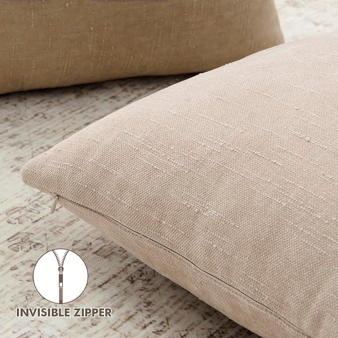Woaboy Set of 2 Textured Throw Pillow Covers Decorative Soft Accent Square Chenille Pillowcases Neutral Farmhouse Cushions Modern Home Decor for Couch Sofa Bedroom Living Room 20x20 Inch, Beige